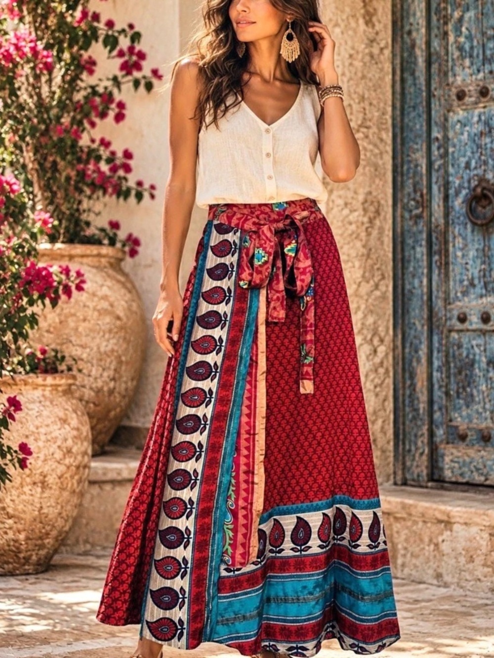 Recycled Silk Blend Long Maxi Wrap Skirt Free Size Indi Multi-Color Gypsy Boho